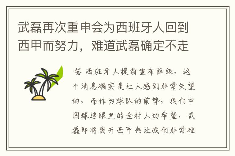 武磊再次重申会为西班牙人回到西甲而努力，难道武磊确定不走了？