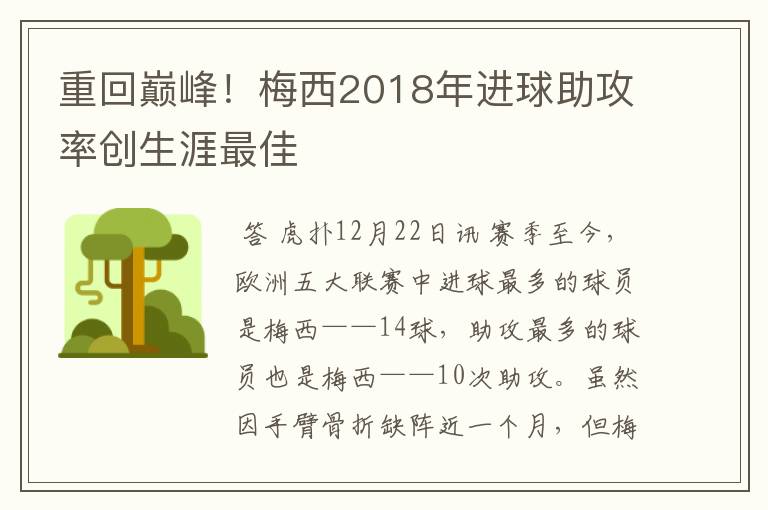 重回巅峰！梅西2018年进球助攻率创生涯最佳