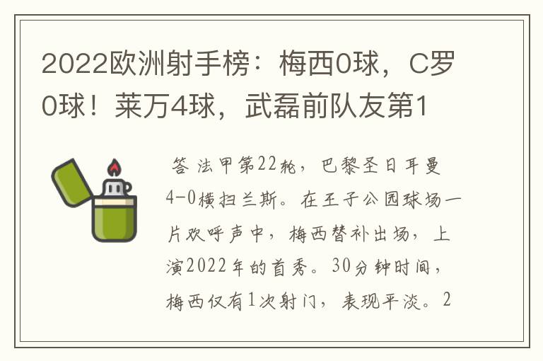 2022欧洲射手榜：梅西0球，C罗0球！莱万4球，武磊前队友第1