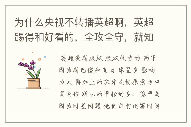 为什么央视不转播英超啊，英超踢得和好看的，全攻全守，就知道转西甲。郁闷的是德甲很少人看啊，转的最多