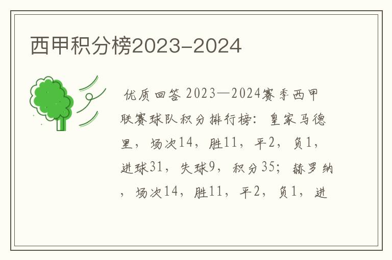 西甲积分榜2023-2024