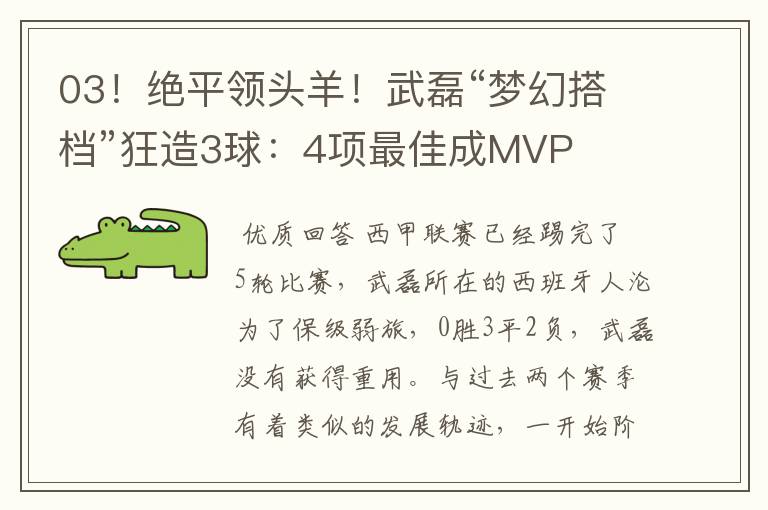 03！绝平领头羊！武磊“梦幻搭档”狂造3球：4项最佳成MVP