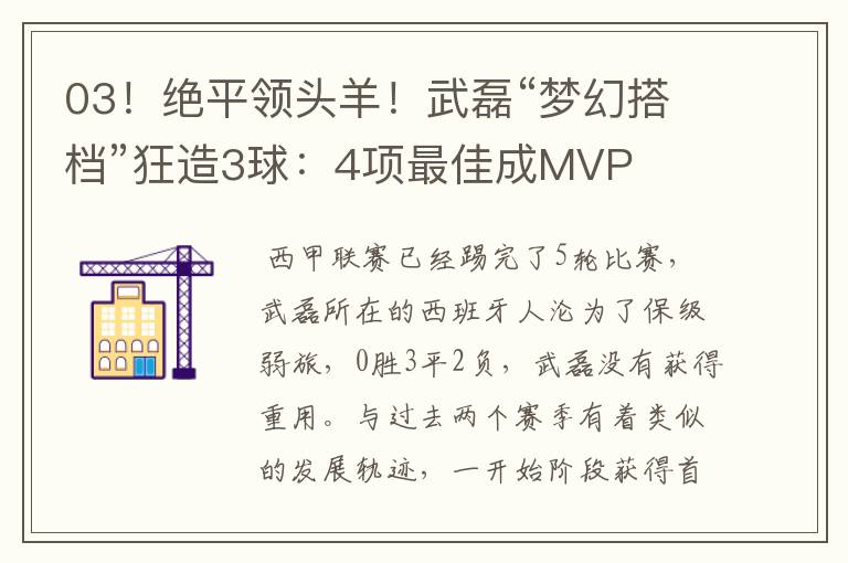 03！绝平领头羊！武磊“梦幻搭档”狂造3球：4项最佳成MVP