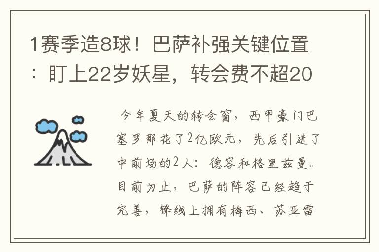 1赛季造8球！巴萨补强关键位置：盯上22岁妖星，转会费不超2000万