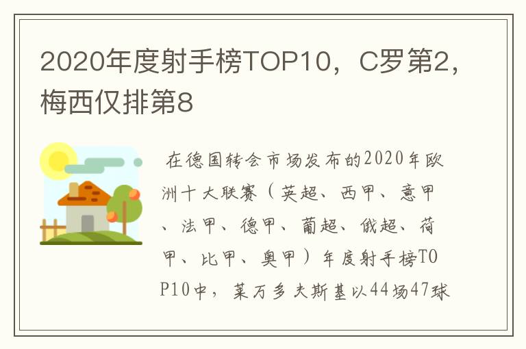 2020年度射手榜TOP10，C罗第2，梅西仅排第8