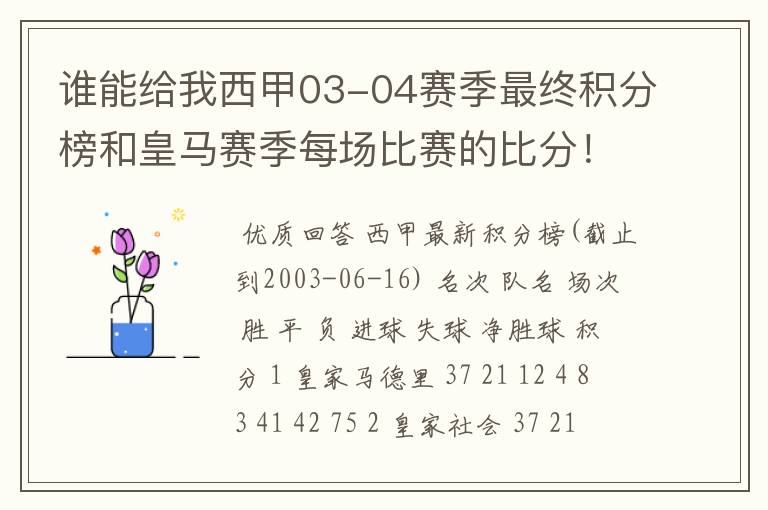 谁能给我西甲03-04赛季最终积分榜和皇马赛季每场比赛的比分！