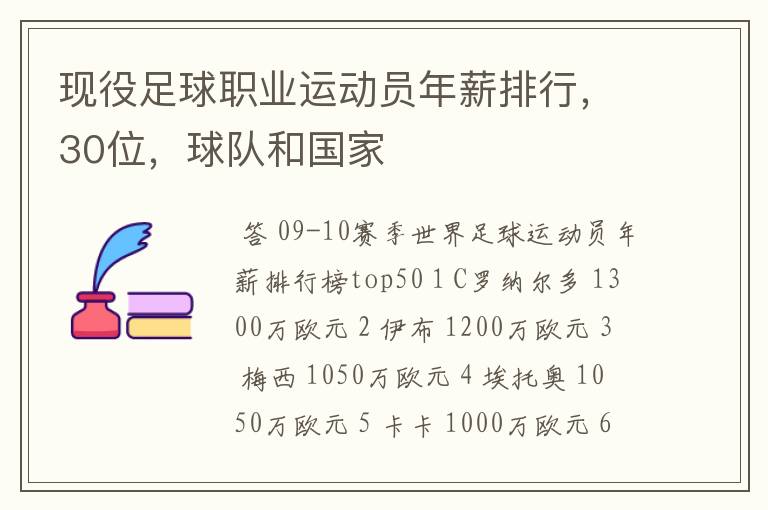 现役足球职业运动员年薪排行，30位，球队和国家