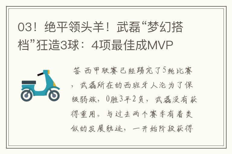 03！绝平领头羊！武磊“梦幻搭档”狂造3球：4项最佳成MVP