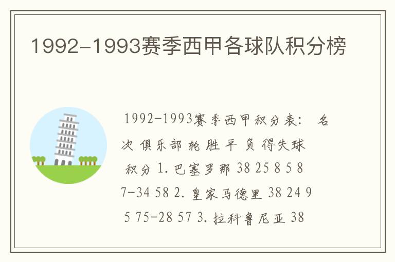 1992-1993赛季西甲各球队积分榜