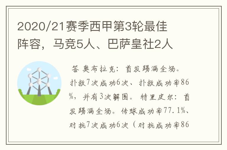 2020/21赛季西甲第3轮最佳阵容，马竞5人、巴萨皇社2人