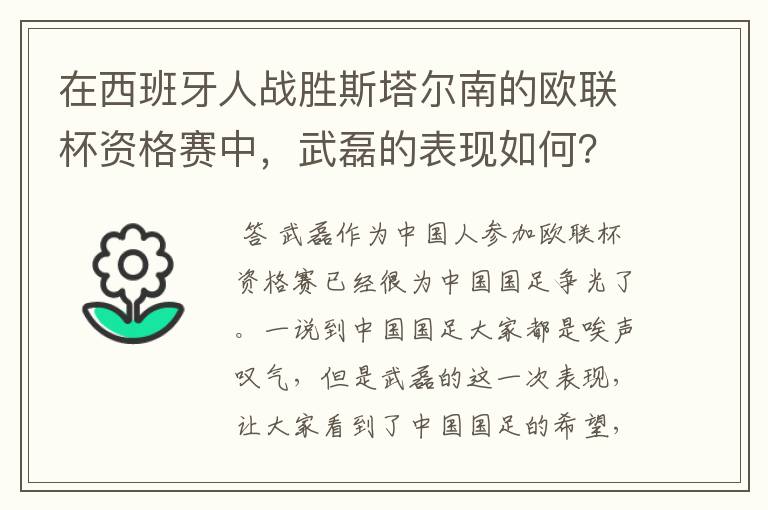 在西班牙人战胜斯塔尔南的欧联杯资格赛中，武磊的表现如何？