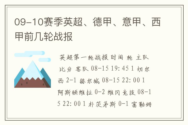 09-10赛季英超、德甲、意甲、西甲前几轮战报