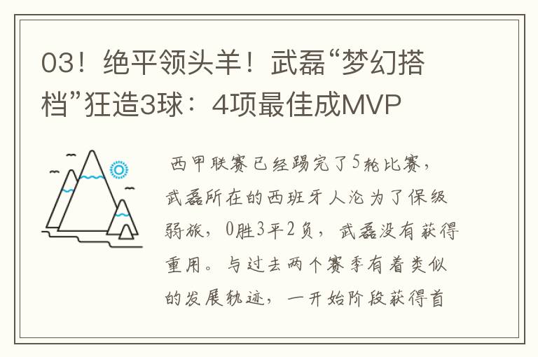 03！绝平领头羊！武磊“梦幻搭档”狂造3球：4项最佳成MVP