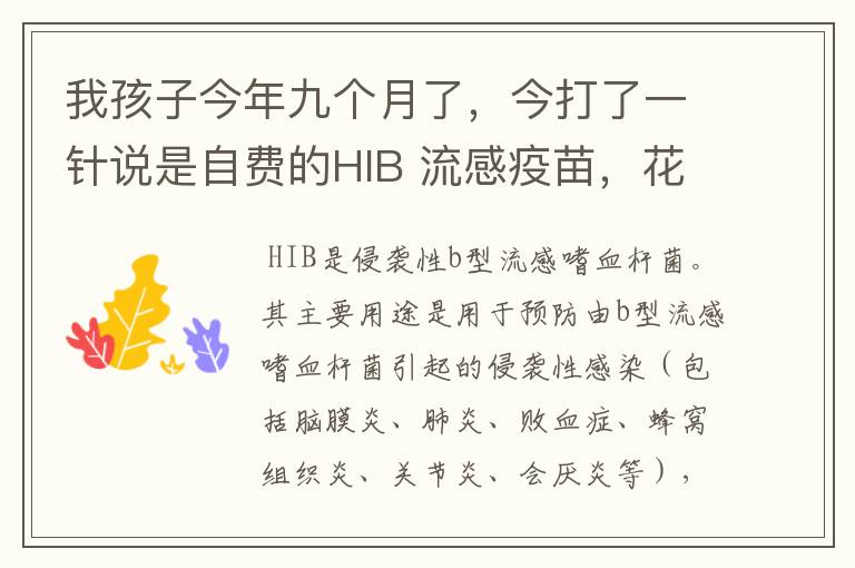 我孩子今年九个月了，今打了一针说是自费的HIB 流感疫苗，花了80元。感觉小孩一下午就焦燥不安.