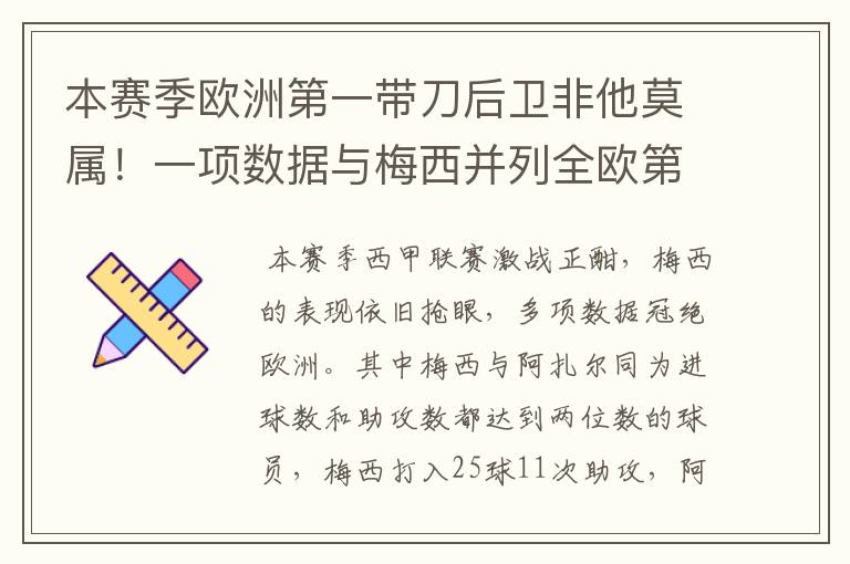 本赛季欧洲第一带刀后卫非他莫属！一项数据与梅西并列全欧第一！