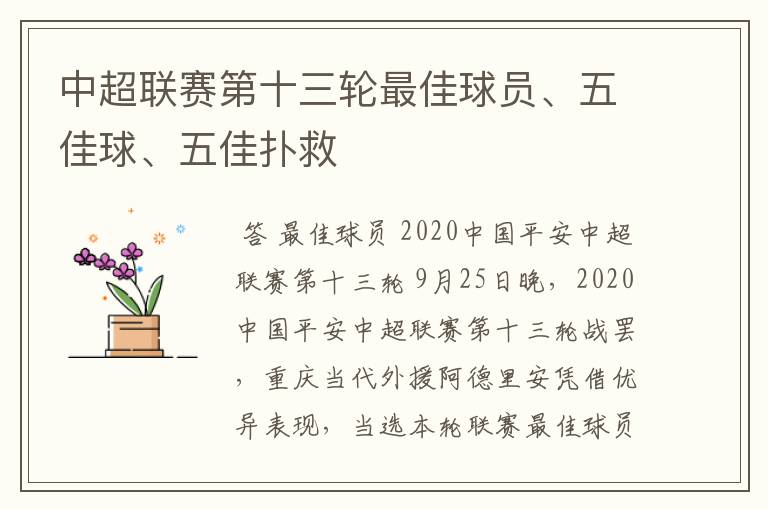 中超联赛第十三轮最佳球员、五佳球、五佳扑救