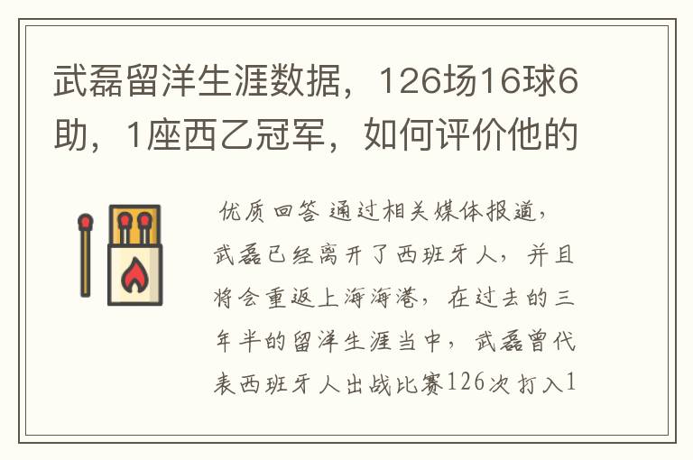 武磊留洋生涯数据，126场16球6助，1座西乙冠军，如何评价他的表现？