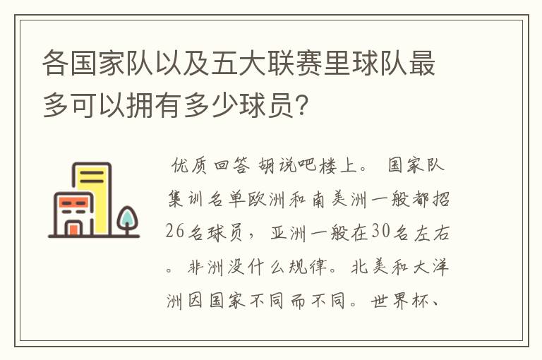 各国家队以及五大联赛里球队最多可以拥有多少球员？