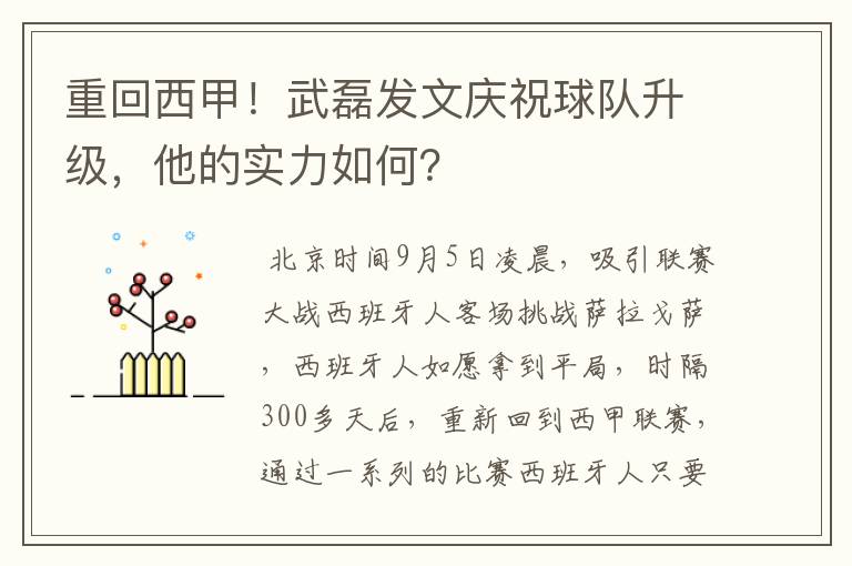 重回西甲！武磊发文庆祝球队升级，他的实力如何？