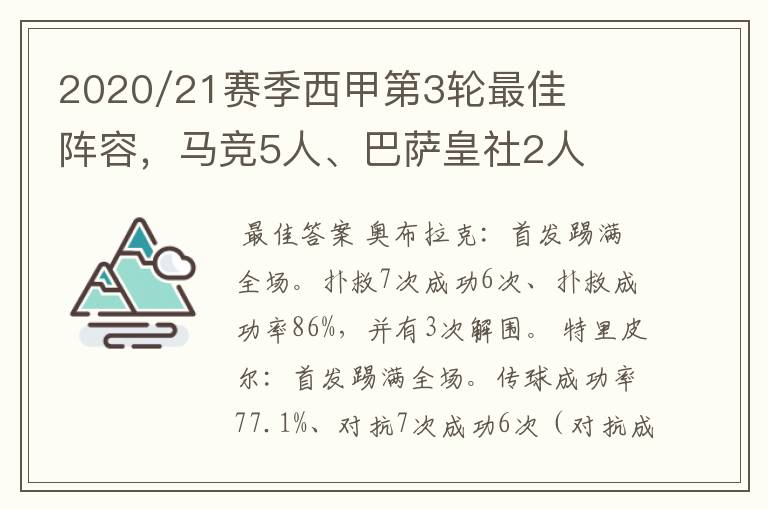 2020/21赛季西甲第3轮最佳阵容，马竞5人、巴萨皇社2人