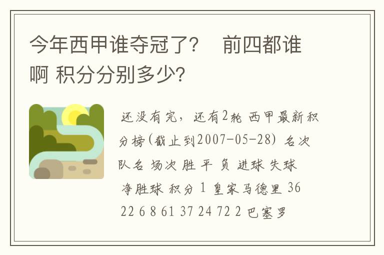 今年西甲谁夺冠了？  前四都谁啊 积分分别多少？