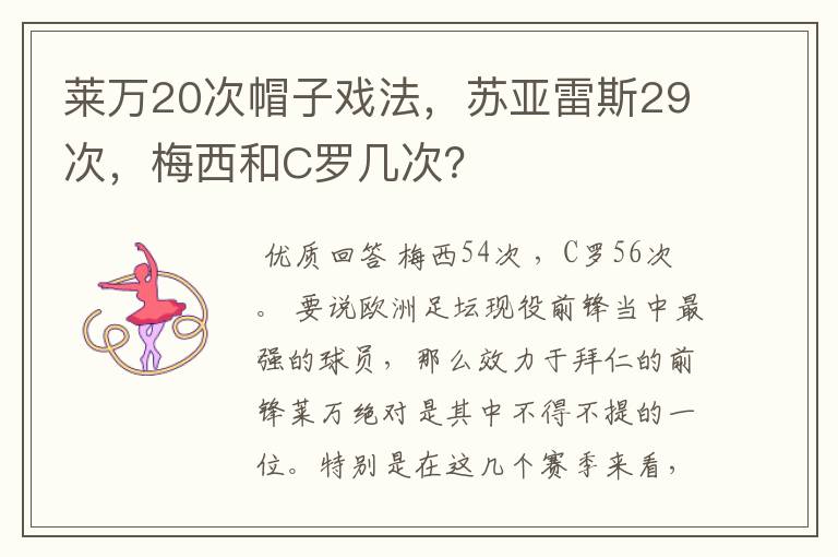 莱万20次帽子戏法，苏亚雷斯29次，梅西和C罗几次？