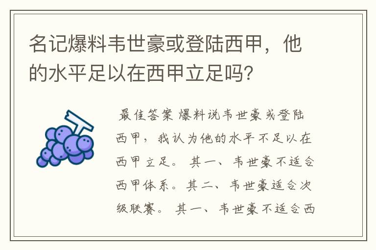 名记爆料韦世豪或登陆西甲，他的水平足以在西甲立足吗？