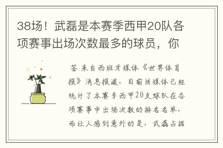 38场！武磊是本赛季西甲20队各项赛事出场次数最多的球员，你怎么看？