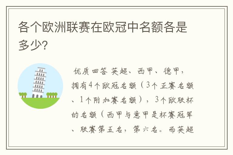 各个欧洲联赛在欧冠中名额各是多少？