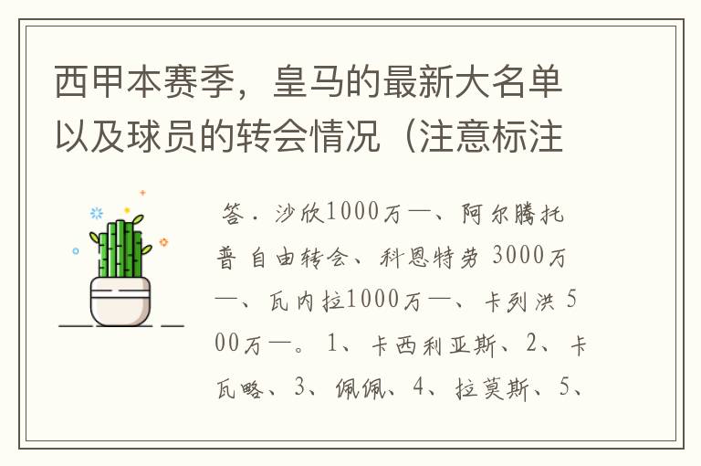 西甲本赛季，皇马的最新大名单以及球员的转会情况（注意标注球员身价）