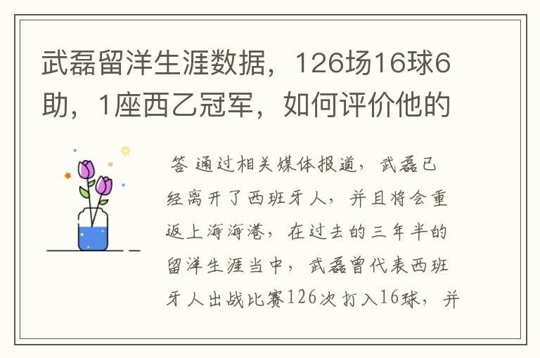 武磊留洋生涯数据，126场16球6助，1座西乙冠军，如何评价他的表现？