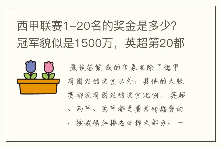 西甲联赛1-20名的奖金是多少？冠军貌似是1500万，英超第20都是4000万呀！