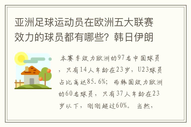 亚洲足球运动员在欧洲五大联赛效力的球员都有哪些？韩日伊朗 都是比较多吧！