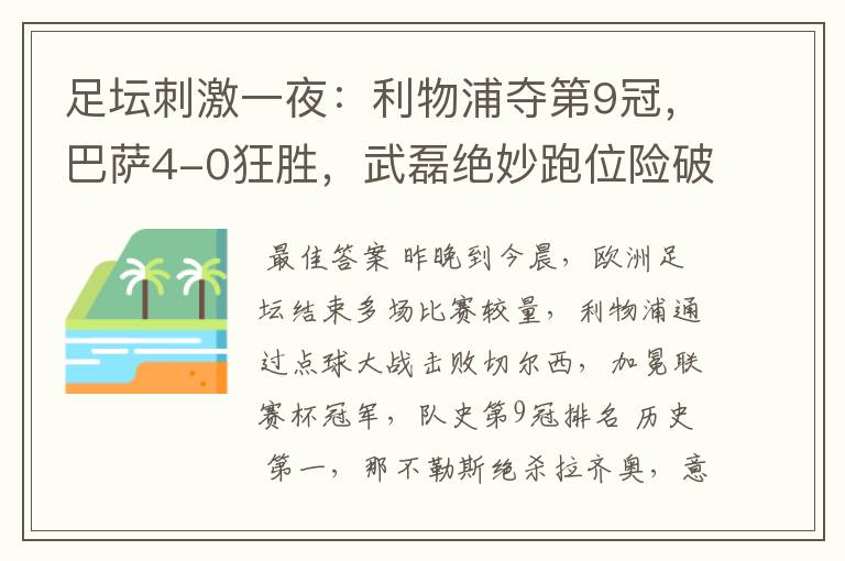 足坛刺激一夜：利物浦夺第9冠，巴萨4-0狂胜，武磊绝妙跑位险破门