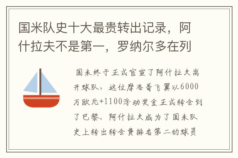 国米队史十大最贵转出记录，阿什拉夫不是第一，罗纳尔多在列