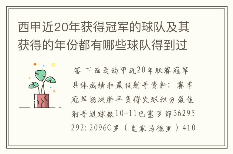 西甲近20年获得冠军的球队及其获得的年份都有哪些球队得到过意大利