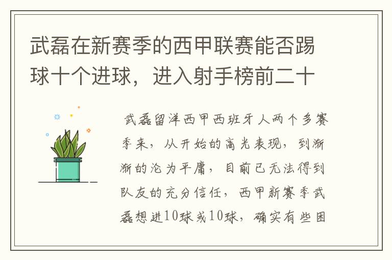 武磊在新赛季的西甲联赛能否踢球十个进球，进入射手榜前二十？