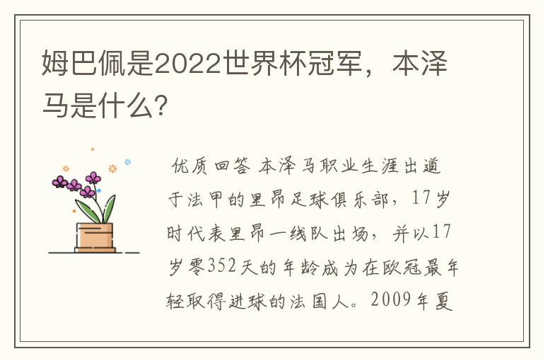 姆巴佩是2022世界杯冠军，本泽马是什么？