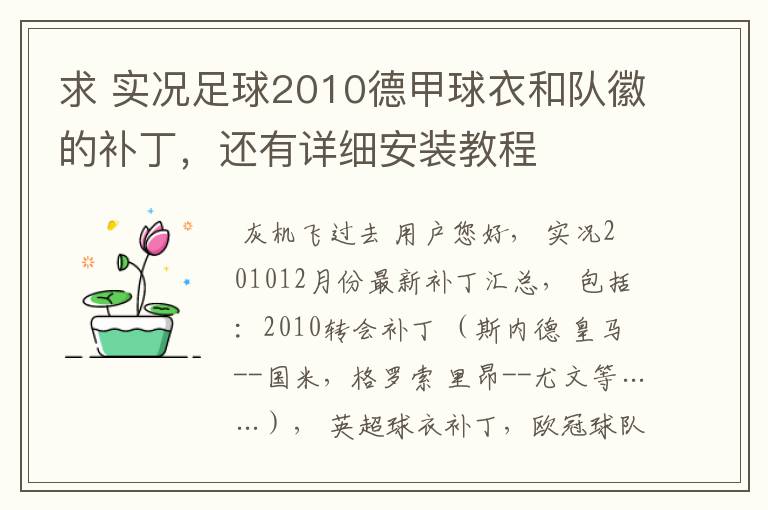 求 实况足球2010德甲球衣和队徽的补丁，还有详细安装教程