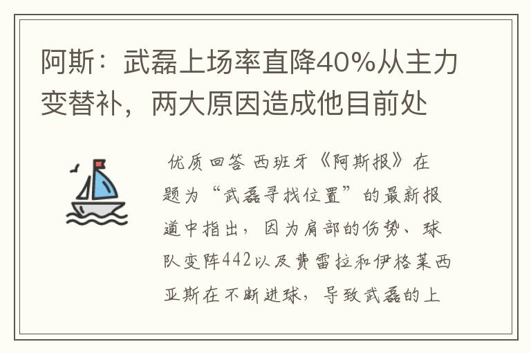 阿斯：武磊上场率直降40%从主力变替补，两大原因造成他目前处境