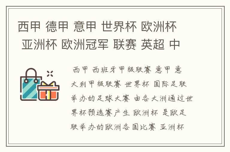 西甲 德甲 意甲 世界杯 欧洲杯 亚洲杯 欧洲冠军 联赛 英超 中超  分别是什么意思啊？