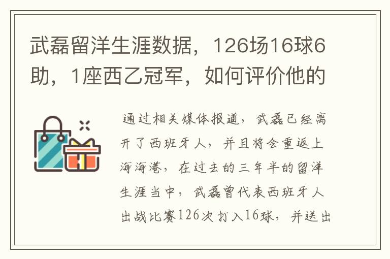 武磊留洋生涯数据，126场16球6助，1座西乙冠军，如何评价他的表现？