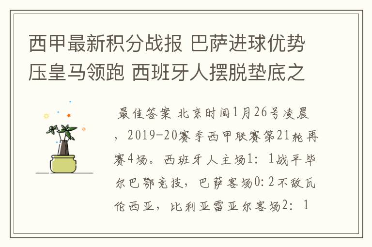 西甲最新积分战报 巴萨进球优势压皇马领跑 西班牙人摆脱垫底之位