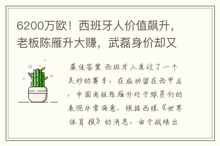 6200万欧！西班牙人价值飙升，老板陈雁升大赚，武磊身价却又缩水