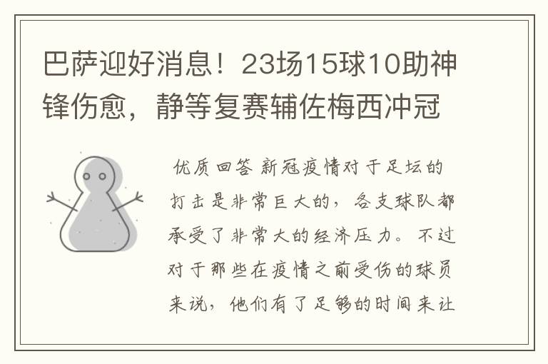 巴萨迎好消息！23场15球10助神锋伤愈，静等复赛辅佐梅西冲冠！