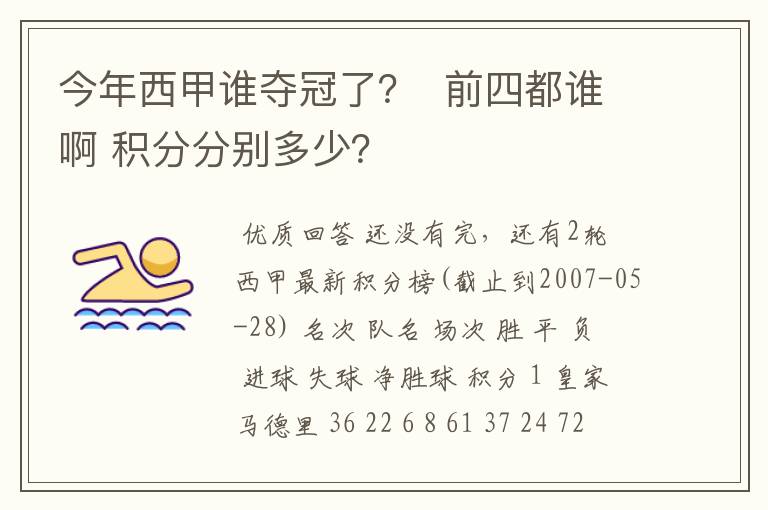 今年西甲谁夺冠了？  前四都谁啊 积分分别多少？