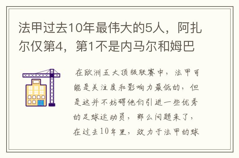 法甲过去10年最伟大的5人，阿扎尔仅第4，第1不是内马尔和姆巴佩