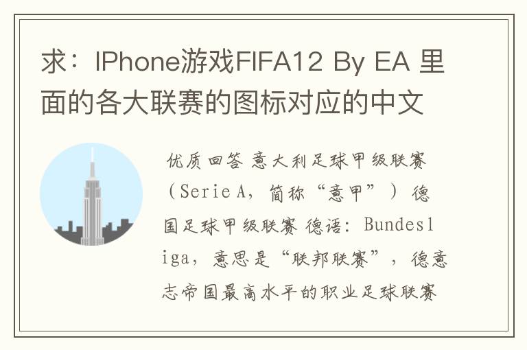 求：IPhone游戏FIFA12 By EA 里面的各大联赛的图标对应的中文名称 例如：Liga BBVA 西甲