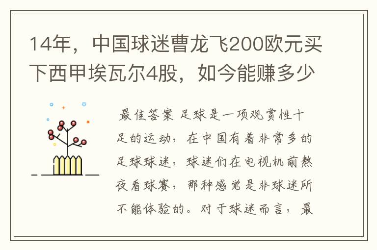 14年，中国球迷曹龙飞200欧元买下西甲埃瓦尔4股，如今能赚多少？