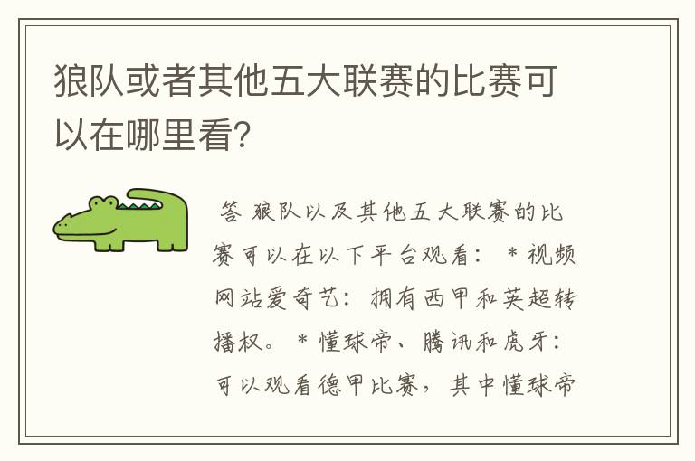 狼队或者其他五大联赛的比赛可以在哪里看？